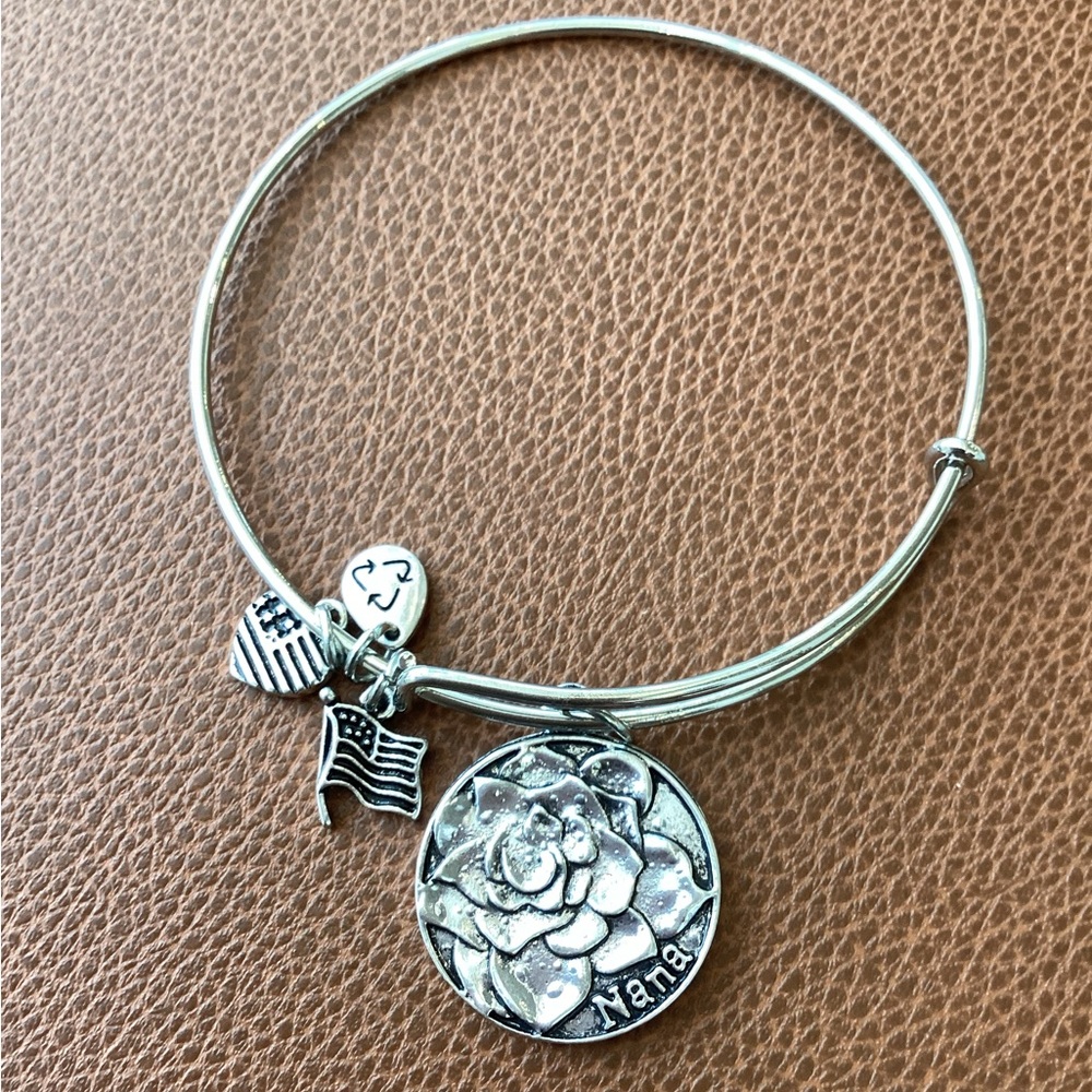Silver Bangle Bracelet with Rose Charm